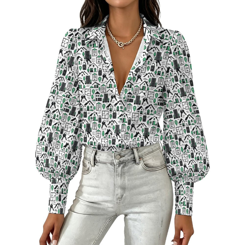 Women's Realtor  Satin Lantern Sleeve Long Sleeve Blouse( Stand out at showings, open houses and closings in this iconic golf polo featuring a bold real estate pattern.