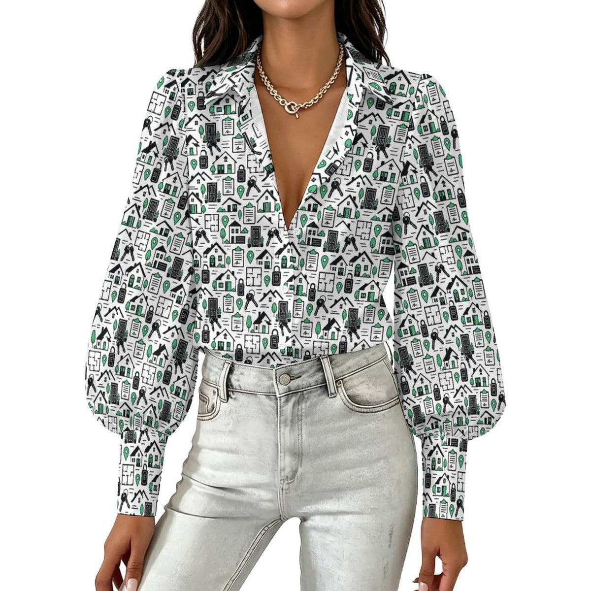 Women's Realtor  Satin Lantern Sleeve Long Sleeve Blouse( Stand out at showings, open houses and closings in this iconic golf polo featuring a bold real estate pattern.
