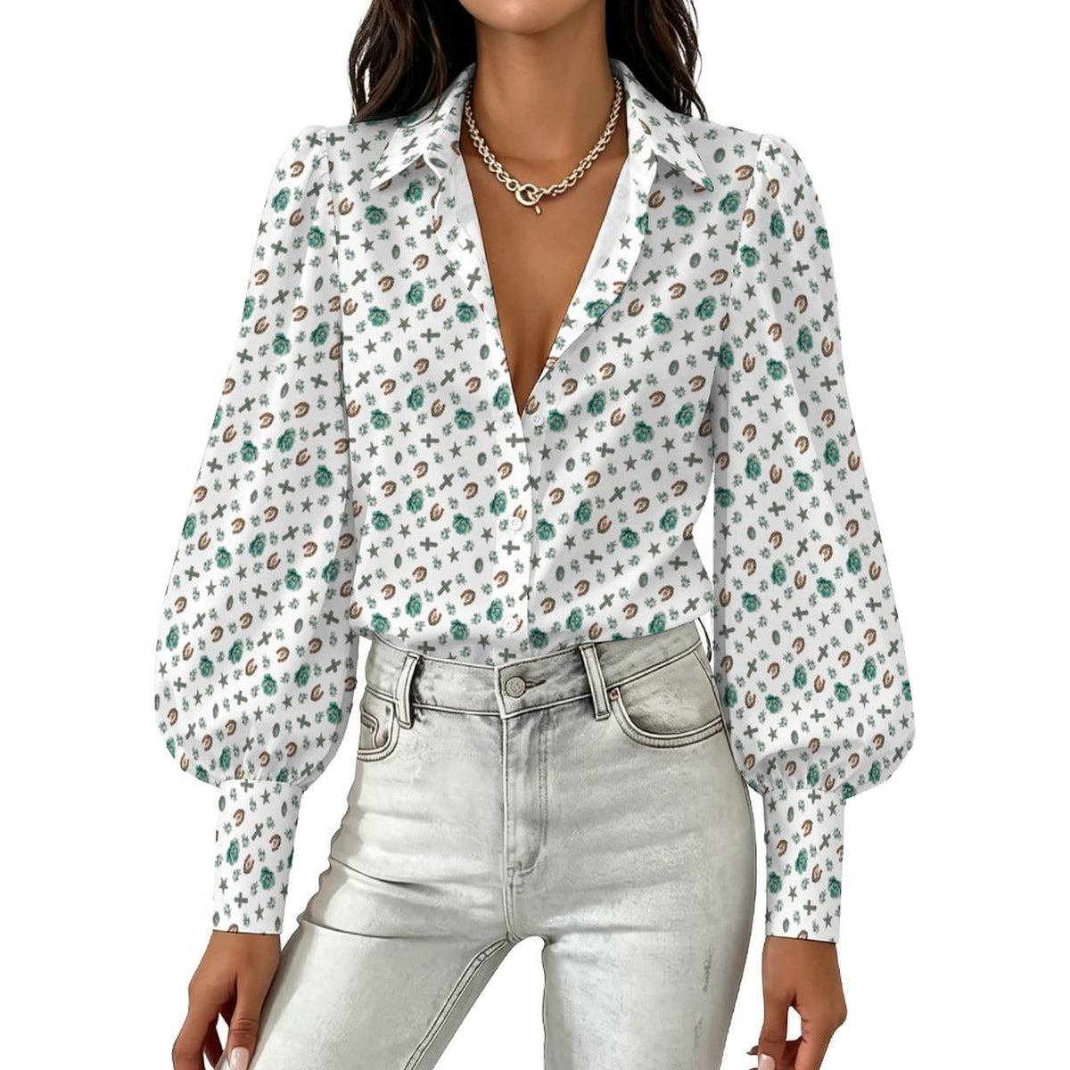 Women's Western Motif Satin Lantern Sleeve Long Sleeve Blouse(All-Over Printing)