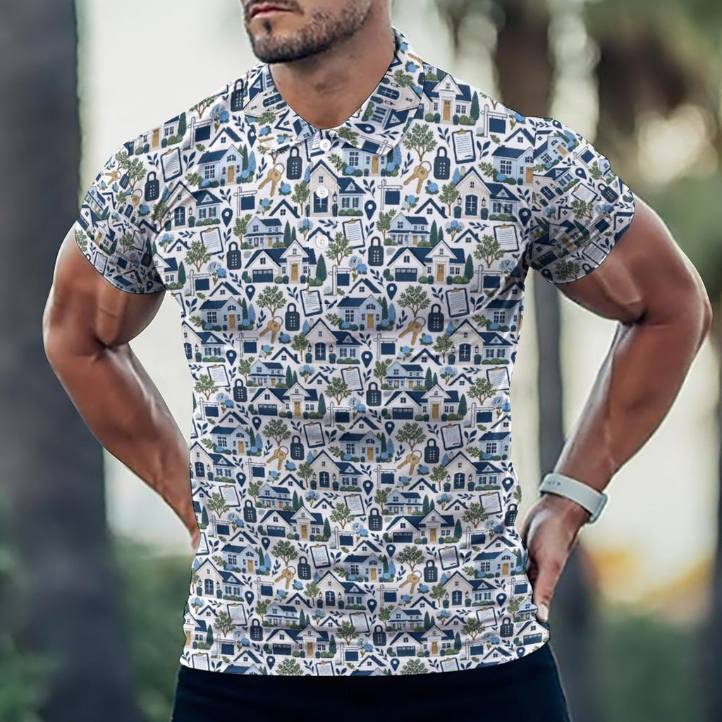Men's Realtor  POLO Shirt Stand out at showings, open houses and closings in this iconic golf polo featuring a bold real estate pattern.