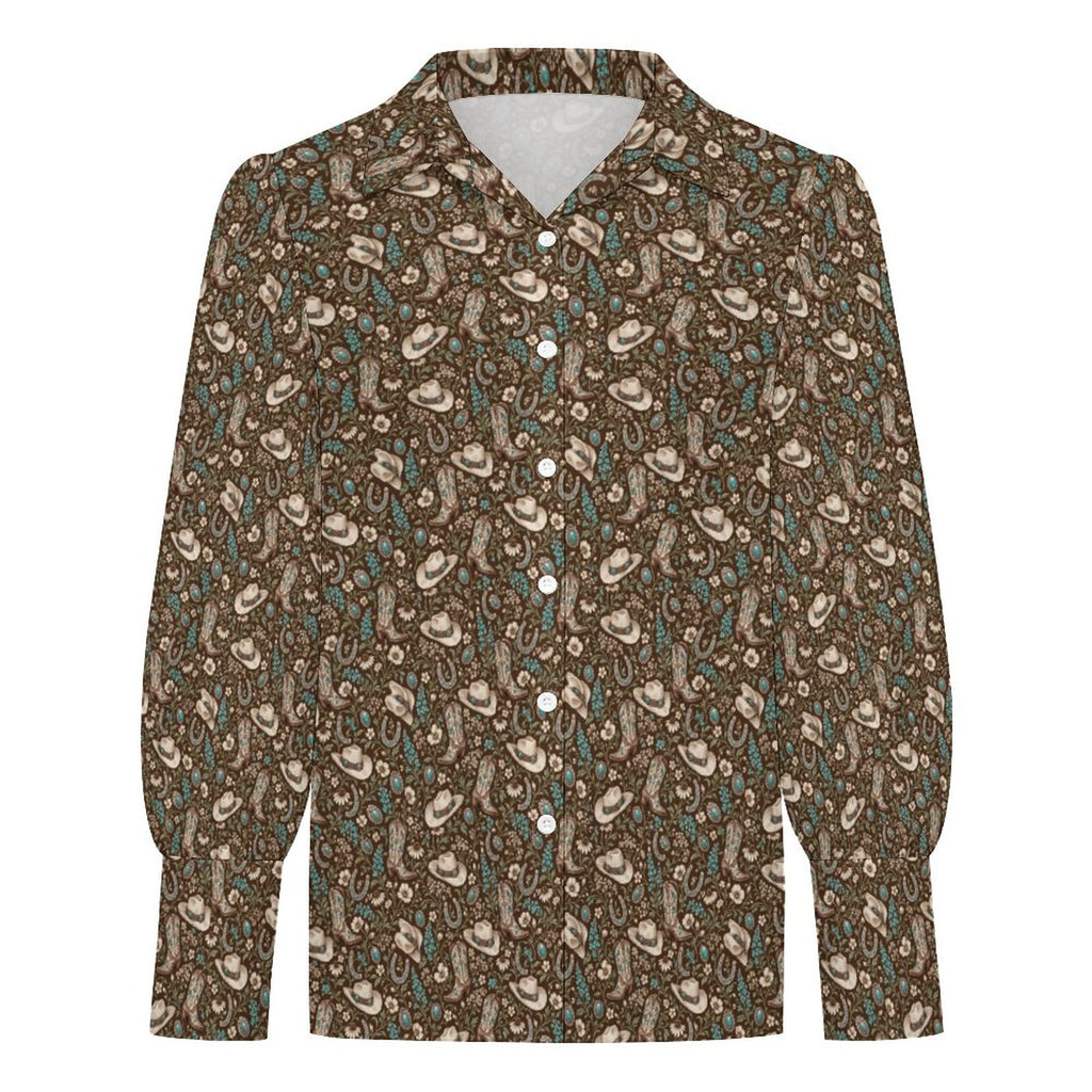 Women's Elegant Western Blouse Satin Lantern Sleeve Long Sleeve Blouse(All-Over Printing)