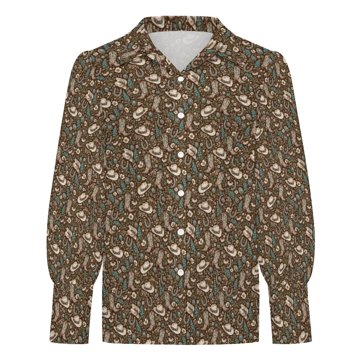 Women's Elegant Western Blouse Satin Lantern Sleeve Long Sleeve Blouse(All-Over Printing)