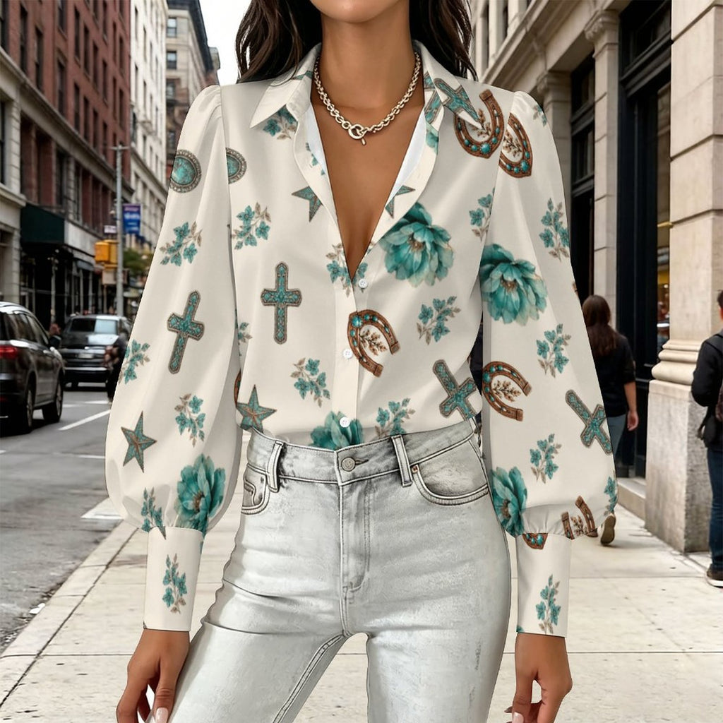 Women's Satin Lantern Sleeve Long Sleeve Blouse(All-Over Printing)