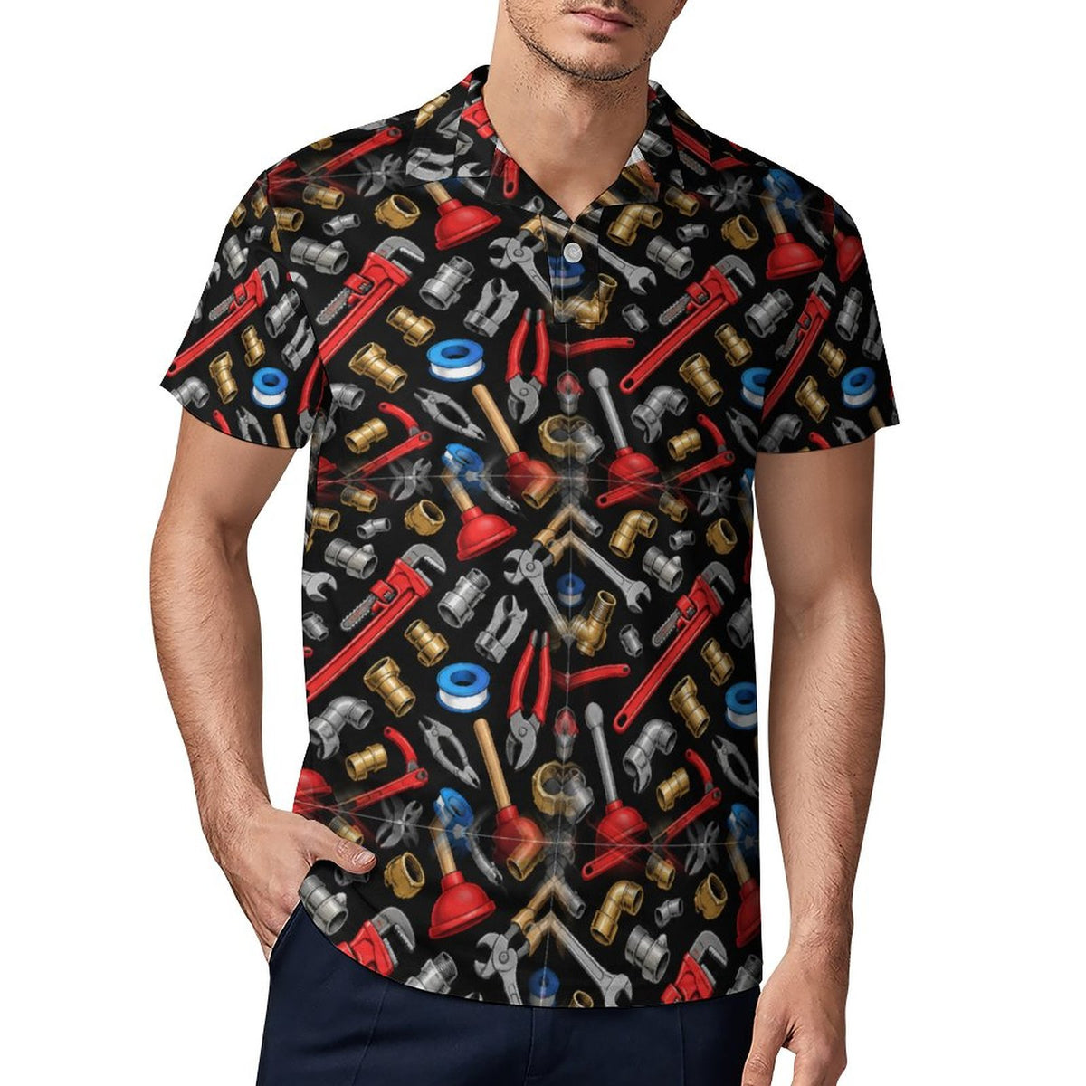 Men's General Contractor Plumbing Polo UPF50+ 180gsm Cooling Polyester Shop plumber polos and shirts with bold plumbing-inspired patterns featuring tools, pipes, wrenches, and trade designs