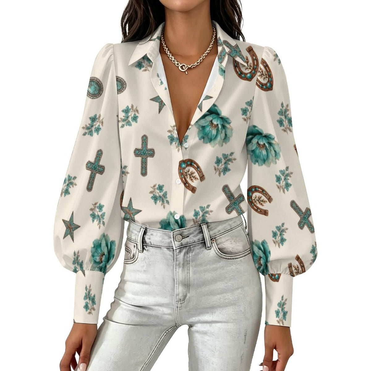 Women's Satin Lantern Sleeve Long Sleeve Blouse(All-Over Printing)