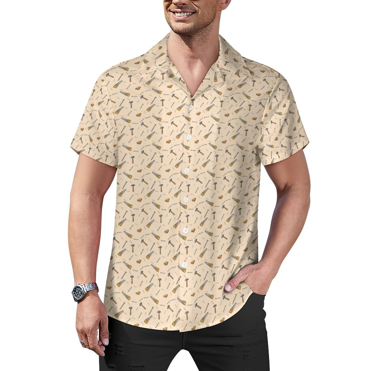 Carpenter Shirt Short Sleeve Cuban Collar Shirt(All-Over Printing)