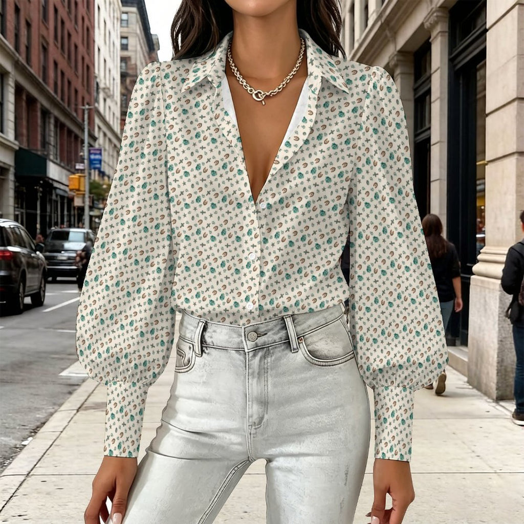 Women's Chic Western Satin Lantern Sleeve Long Sleeve Blouse(All-Over Printing)