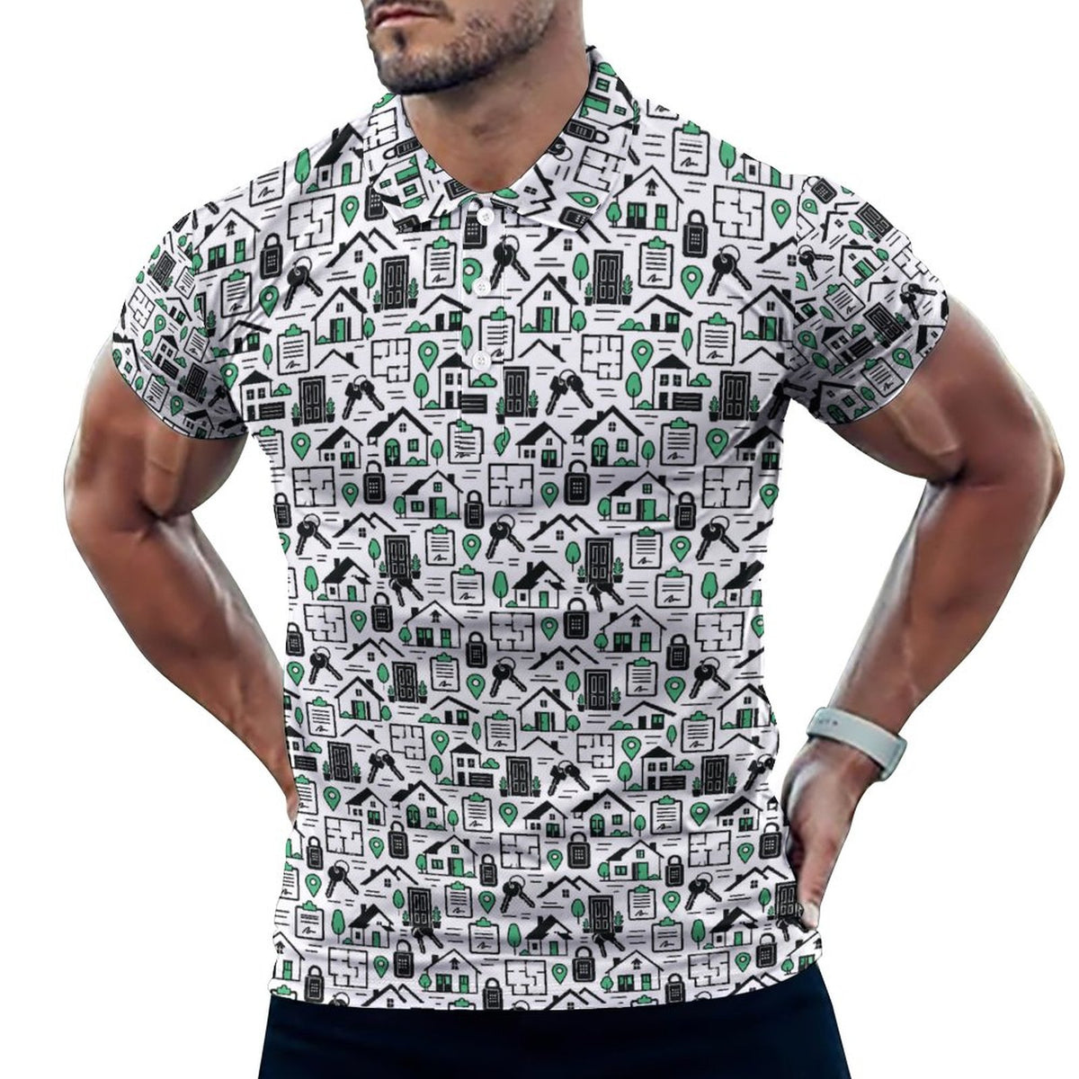 Men's Realtor POLO Shirt(All-Over Printing) Stand out at showings, open houses and closings in this iconic golf polo featuring a bold real estate pattern.