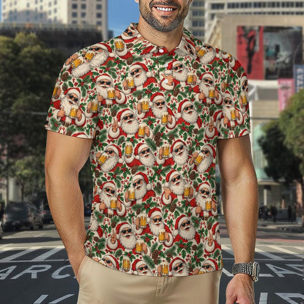 Men's Christmas Polo Santa drinking beer Quick Dry POLO Shirt(All-Over Printing)