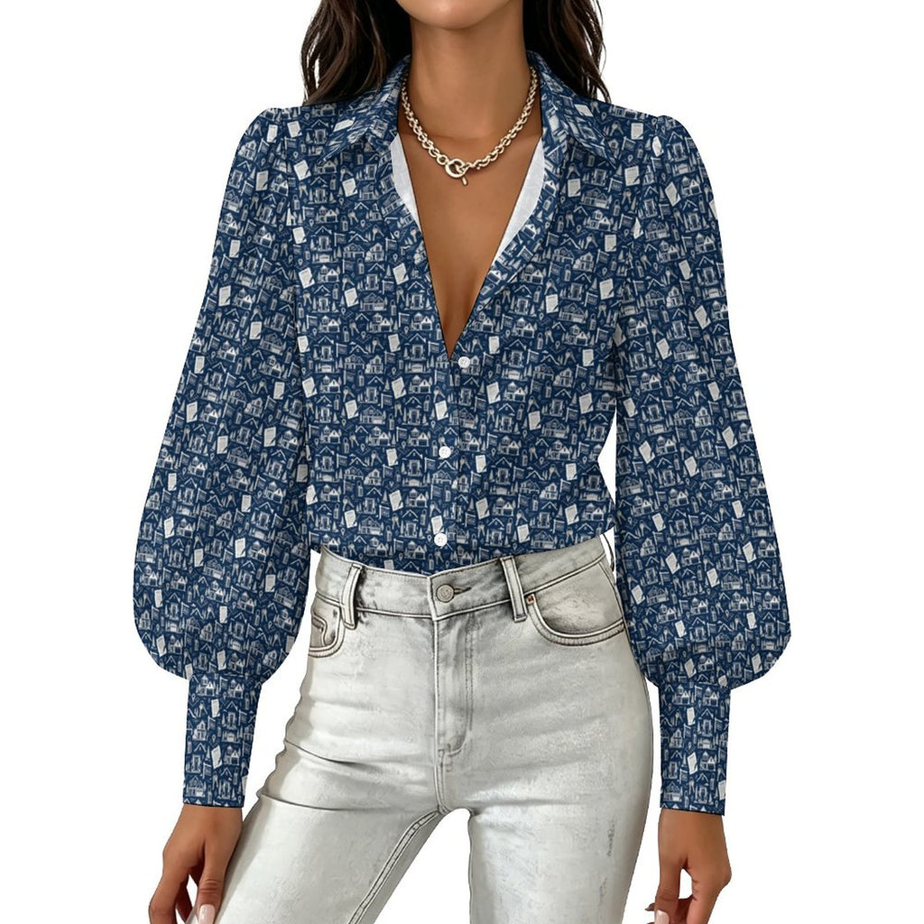 Women's  Realtor Blouse Satin Lantern Sleeve Long Sleeve Blouse(All-Over Printing) Stand out at showings, open houses and closings in this iconic golf polo featuring a bold real estate pattern.