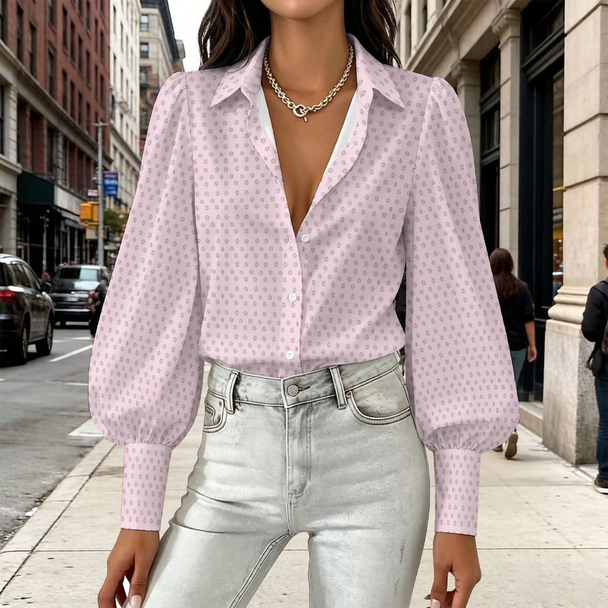 Realtor Little Homes Women's Satin Lantern Sleeve Long Sleeve Blouse(All-Over Printing)