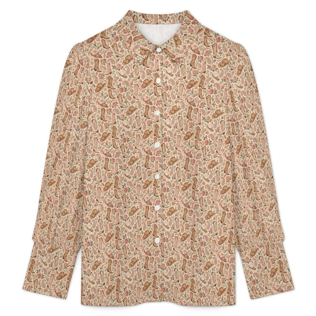 Women's Elegant Western Blouse  Satin Lantern Sleeve Long Sleeve Blouse(All-Over Printing)
